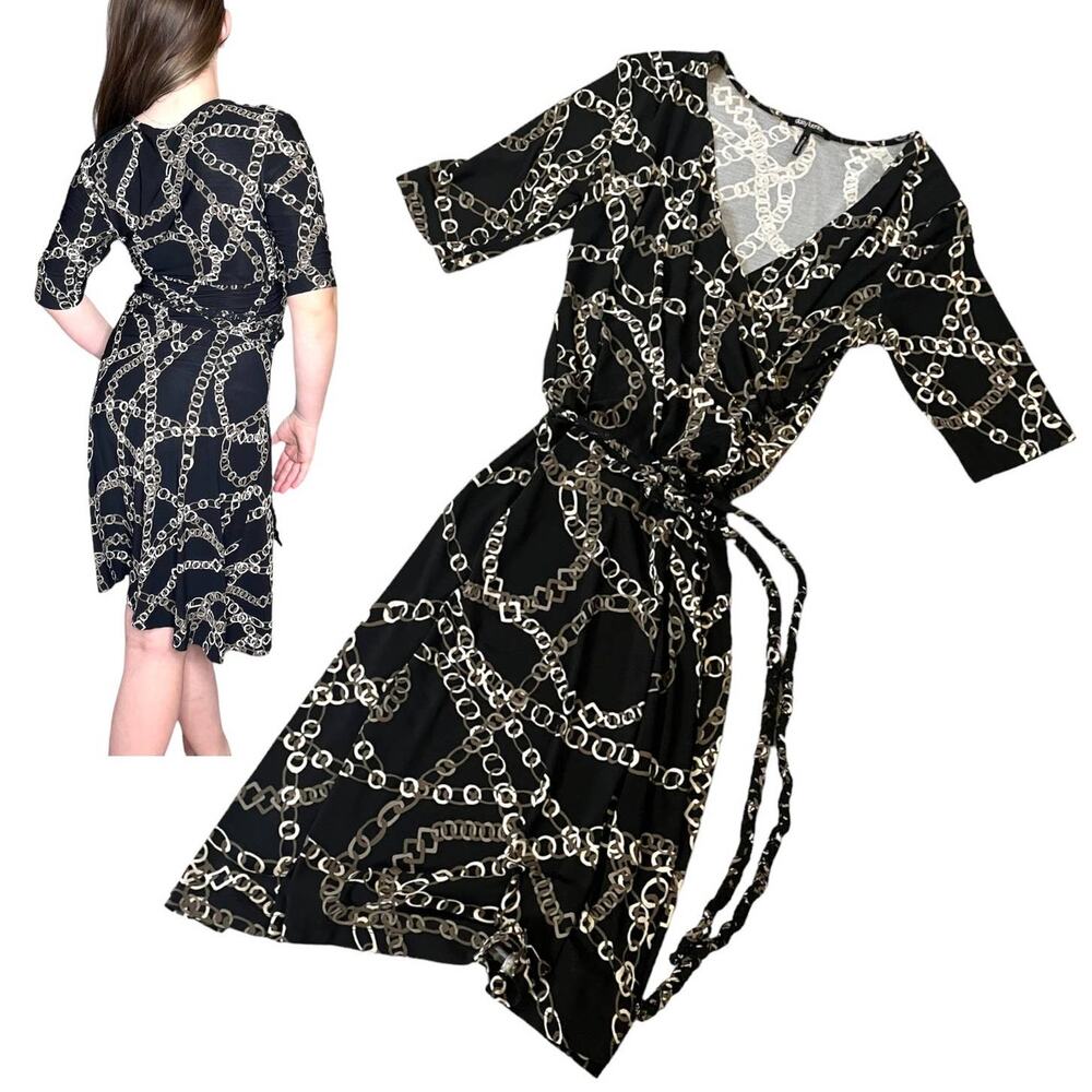 Daisy Fuentes Womens Small Chain DRESS Black Taupe White Belt V Neck Mob Wife